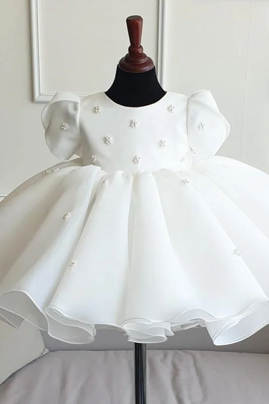 Short Wedding Dress Organza White Ball Gown Flower Girl Dress With Pearls