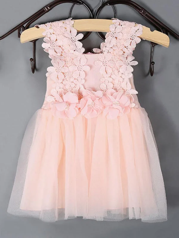 Pearl Pink Lace Applique Tutu Flower Girl Dresses Short Beading Kids Dinner Party Dresses