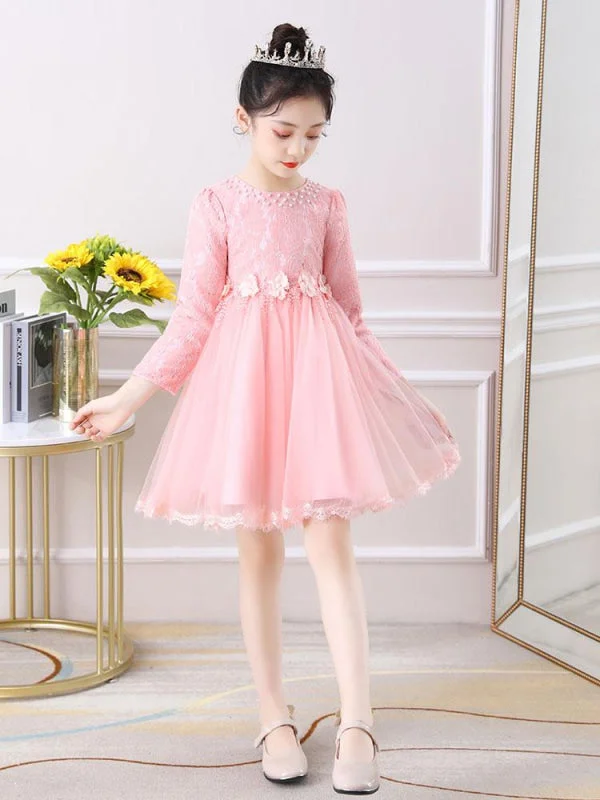 Pink Beaded Tulle Lace Flower Girl Dresses Jewel Neck Long Sleeves Princess Kids Social Party Dresses