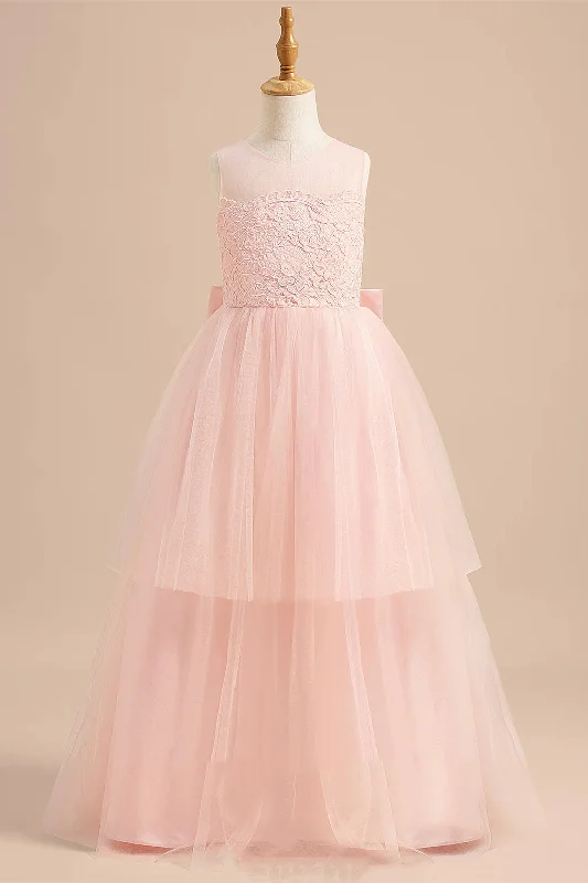 Empire Waist Gown Pink Crew Neck Lace Top Layered Tulle Flower Girl Dress
