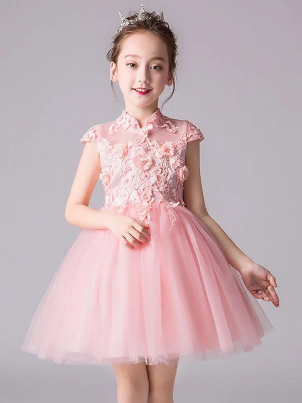 Pink Kids Birthday Party Dresses Flower Girl Dresses Neckline Sleeveless Bows