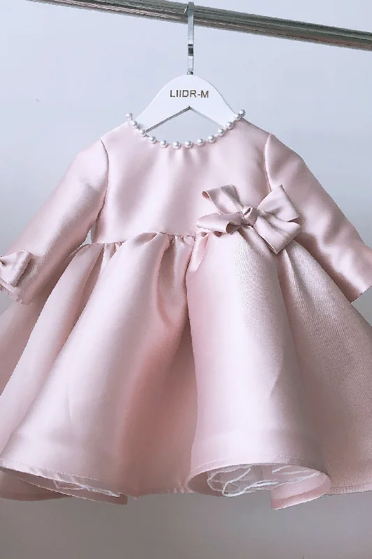 Sheath Wedding Gown Pink Satin Long Sleeves Birthday Party Girl Dress