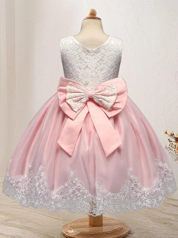 Pink Sleeveless Embroidered Kids Party Dresses Lace Appliques with Big Bowtie