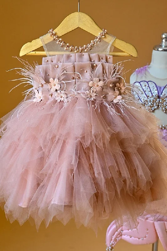 Luxury Lace Gown Pink Tulle Flower Girl Dress With Feathers