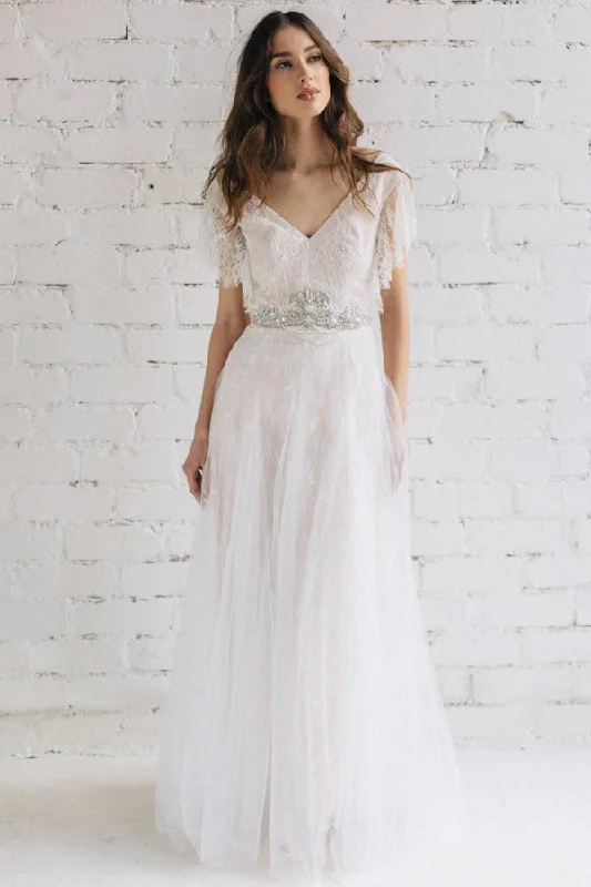 Strapless Ball Gown Plunged Poet-Sleeve Tulle Lace Wedding Dress With Beading - 714977 Strapless Ball Gown Plunged Poet-Sleeve Tulle Lace Wedding Dress With Beading - 714977