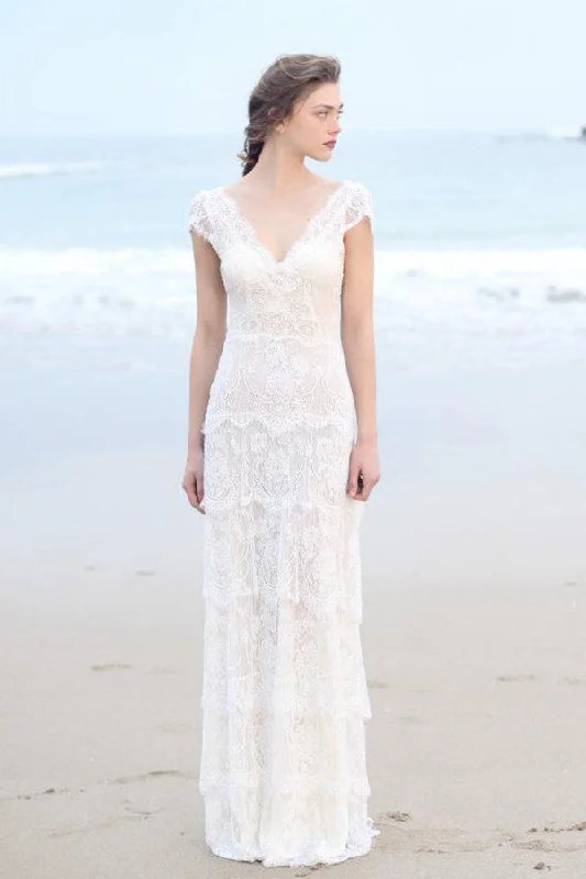Rhinestone Embellished Gown Plunged Sheath Cap-Sleeve Tired Boho Style Wedding Dress And Deep-V Back-715055 Rhinestone Embellished Gown Plunged Sheath Cap-Sleeve Tired Boho Style Wedding Dress And Deep-V Back-715055