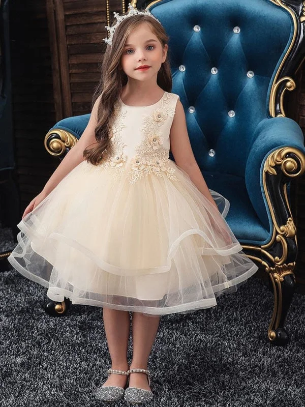 Polyester Sleeveless Knee-Length Ball Gown Flower Girl Dresses with Bows