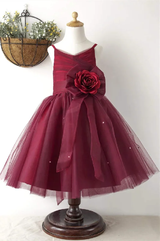Puffy Sleeve Dress Princess Burgundy Tulle Flower Girl Dress