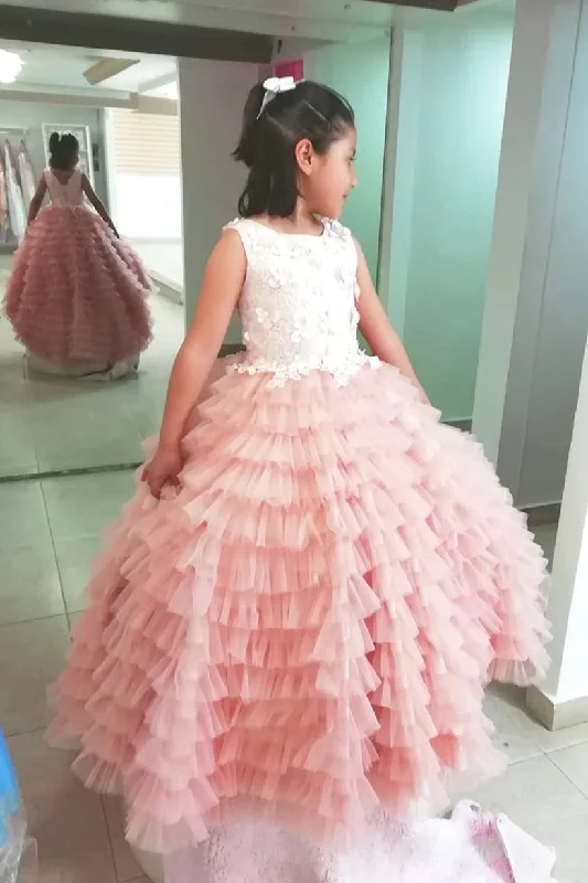 Chic Minimalist Dress Princess Cascading Ruffles A-line Pink Flower Girl Dress