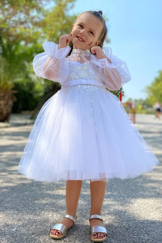 Princess Gown Princess High Neck White Flower Girl Dress with Puff Sleeves