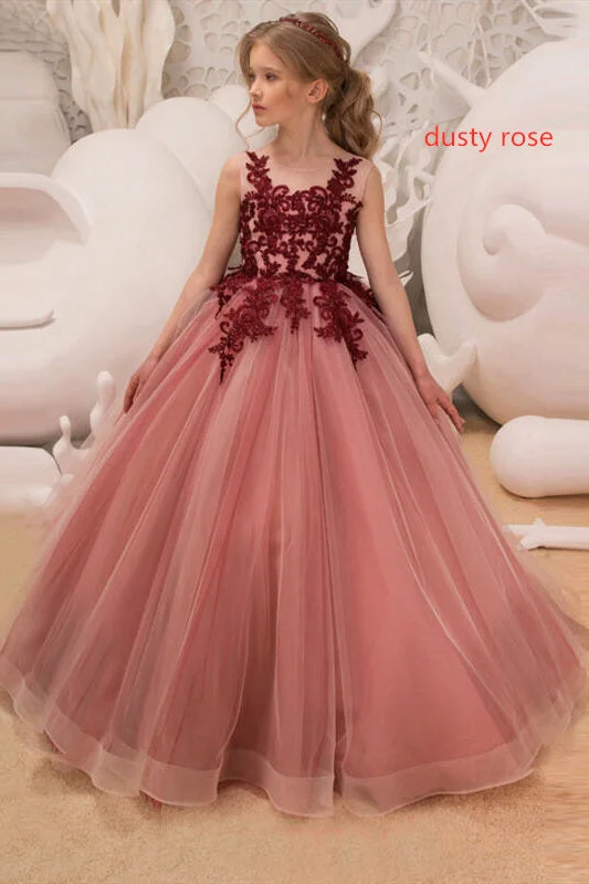 Classic Satin Dress Princess Lace Appliques Dusty Rose Flower Girl Dress with Bow