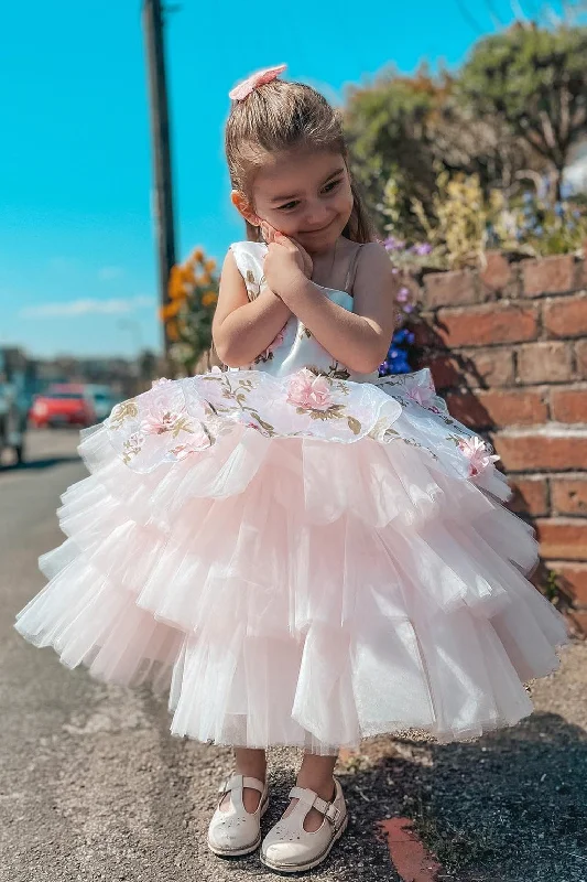 Vintage Gown Princess One Shoulder Floral Tiered Tulle Flower Girl Dress