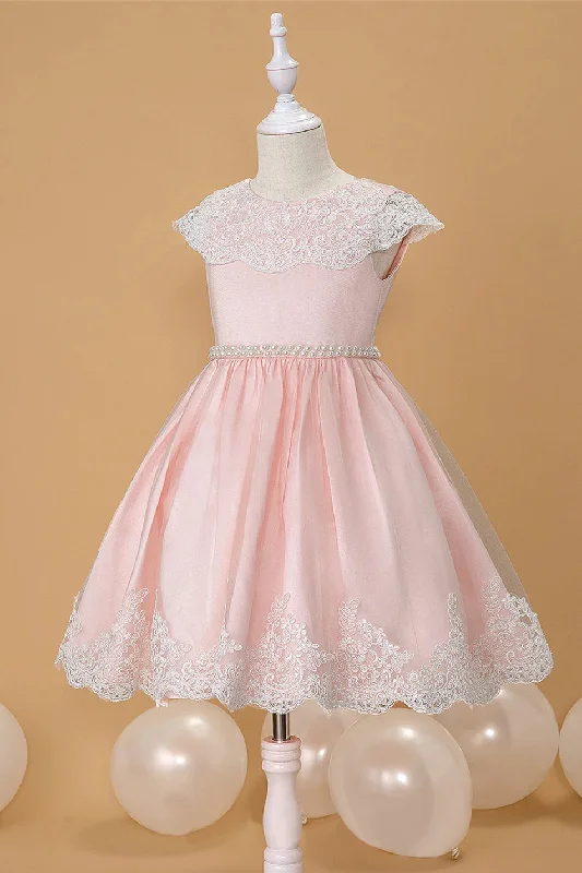 Embroidered Gown Princess Pink Crew Neck Flower Gril Dress with Appliques