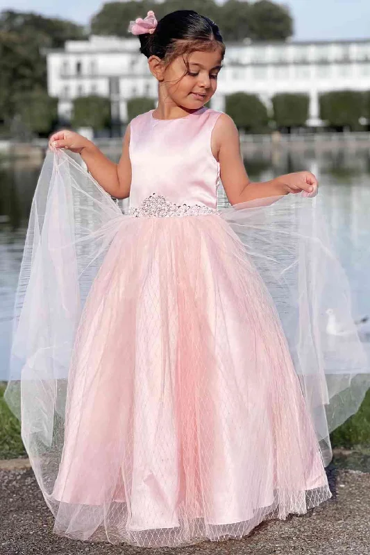 Ethereal Dress Princess Pink Crew Neck Long Flower Girl Dress with Beaded Belt