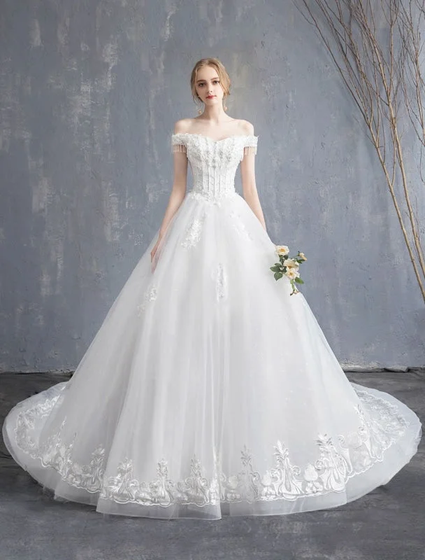 Princess Wedding Dresses Ball Gown Lace Beaded Chains Off The Shoulder Bridal Dress