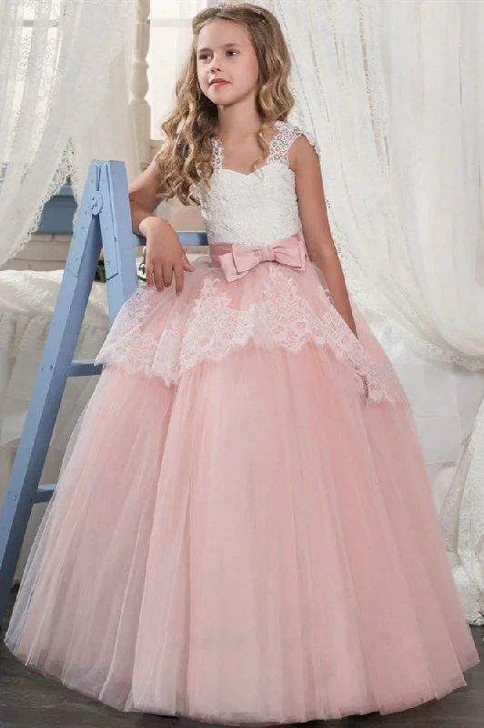 Stunning Wedding Gown Princess White and Pink Flower Girl Dress with Bowknot