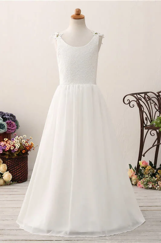 Princess White Chiffon Flower Girl Dress with Lace Top