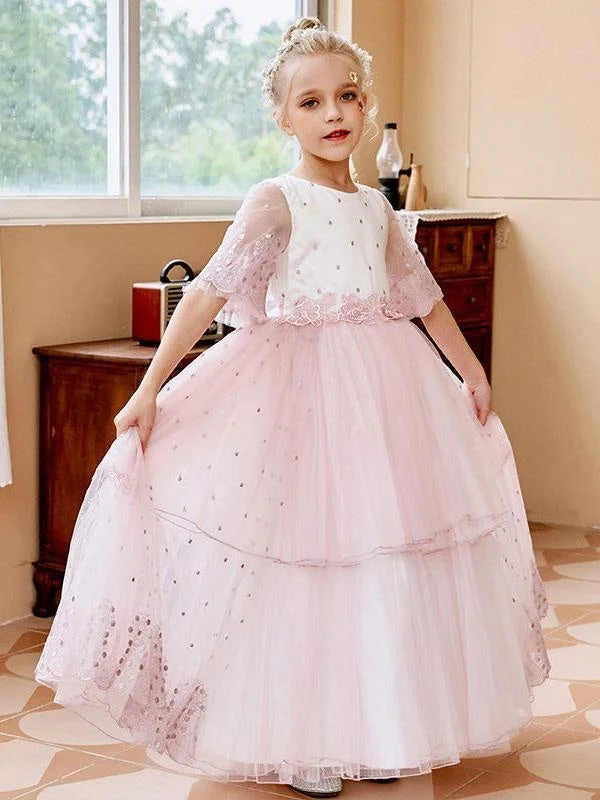 Puffy Short Sleeves Flower Girl Dresses Princess Lace Tulle Formal Kids Pageant Dresses