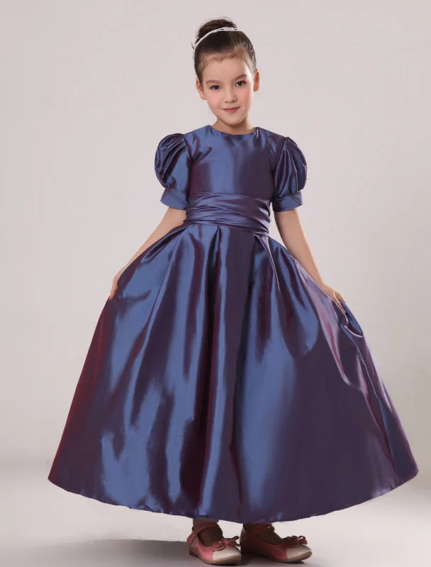 Purple Taffeta Ruched Flower Girl Dress Plum Toddlers Short Sleeve Princess Floor Length Kids Party Dress