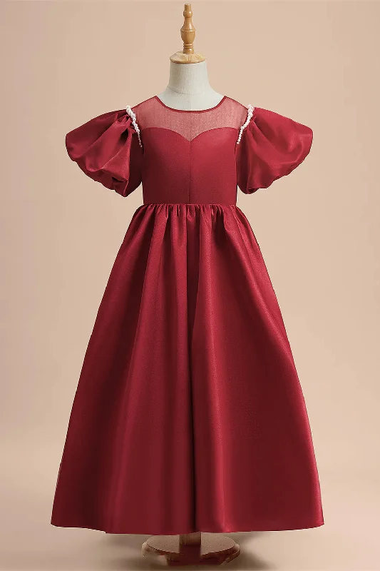 Designer Gown Red Illusion Crew Neck A-Line Girl Party Dress
