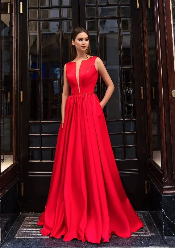 Red Satin Formal Gown with Pockets