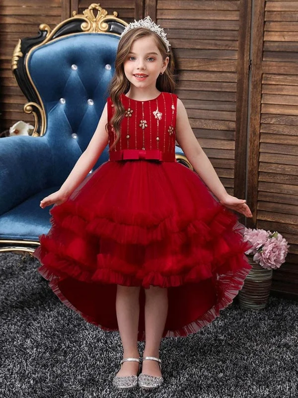 Red Sequined Tulle Hi-Lo Flower Girl Dresses A-Line Jewel Neck Sleeveless Princess Dress