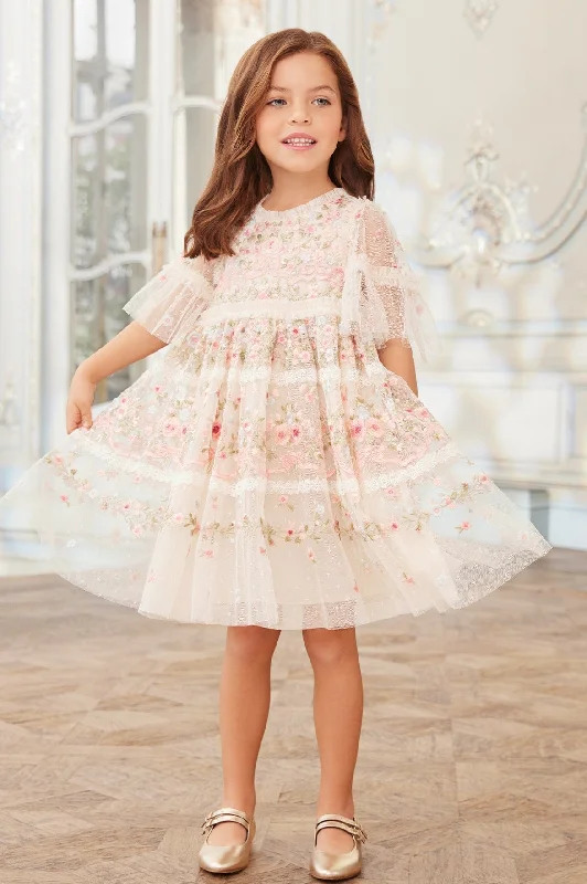 Pleated Gown Ribbon Bouquet Kids Dress
