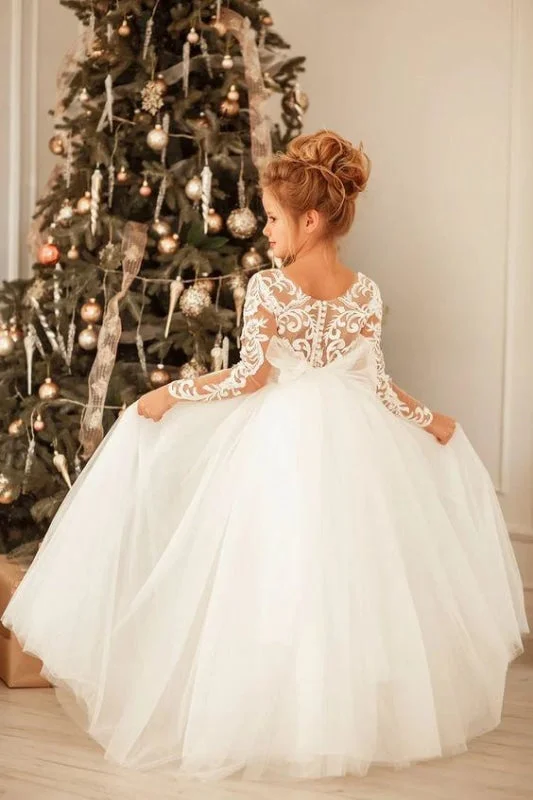 Romantic Long Sleeves White Tulle Lace Appliques Wedding Party Dress for Girls