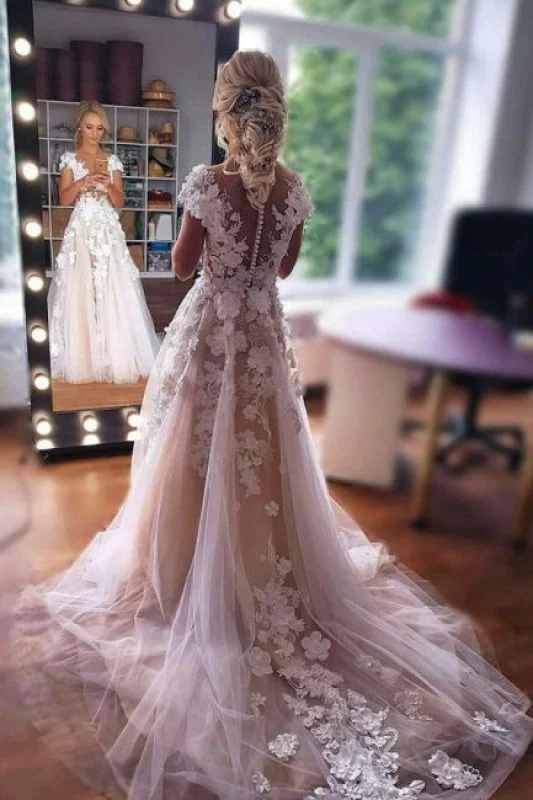 Chic Minimalist Dress Romantic Sleeveless Aline Wedding Dress 3D Floral Lace Tulle Bridal Dress Chic Minimalist Dress Romantic Sleeveless Aline Wedding Dress 3D Floral Lace Tulle Bridal Dress