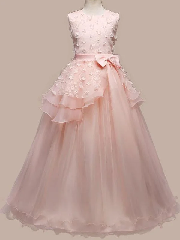 Romantic Sleeveless Pink Floor Length Flower Girl Dresses Jewel Neck Bows Kids Party Dresses