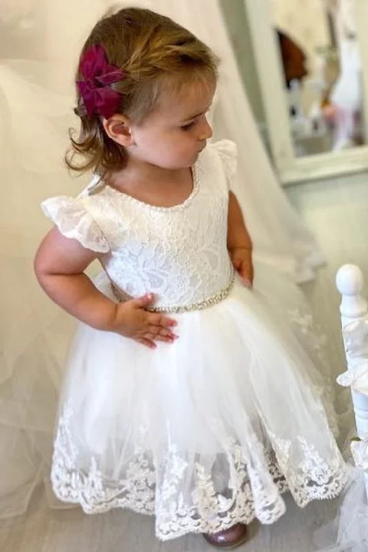 Ornate Lace Dress Ruffled Sleeves Toddler White Flower Girl Dress with Beaded Belt