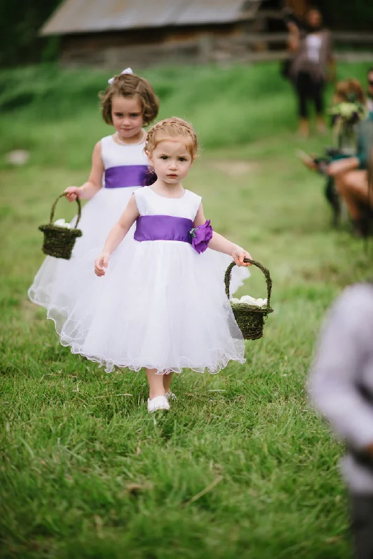 Satin and Tulle Flower Girl Dress with Purple Flower Sash