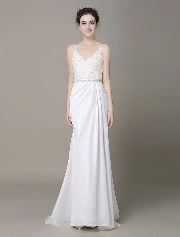 Pearl Embellished Dress Satin Sheath Wedding Dress Plunging Neckline Bow Back Belt Lace Beading Evening Dress Milanoo Pearl Embellished Dress Satin Sheath Wedding Dress Plunging Neckline Bow Back Belt Lace Beading Evening Dress Milanoo