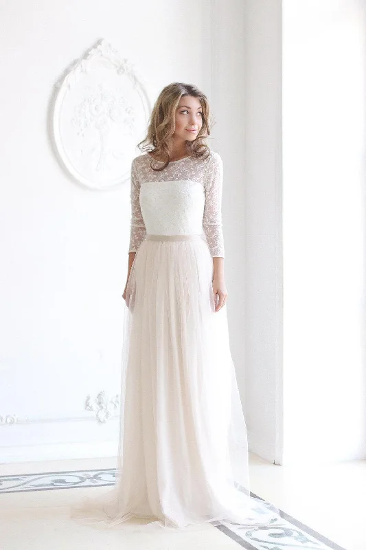 Tea-Length Dress Scoop Neck Long Sleeve Tulle Wedding Dress With Lace Bodice-ET_711532 Tea-Length Dress Scoop Neck Long Sleeve Tulle Wedding Dress With Lace Bodice-ET_711532