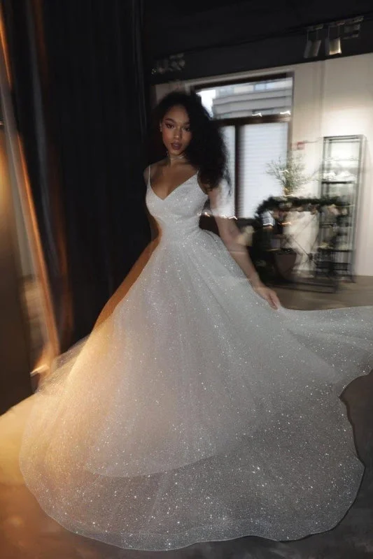 Beaded Dress SD2128 Shiny Sequins Spaghetti Straps A-line Wedding Dress