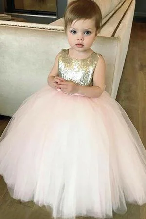 Sequin Tulle Flower Girls Dress Ball Gown with Bow Belt