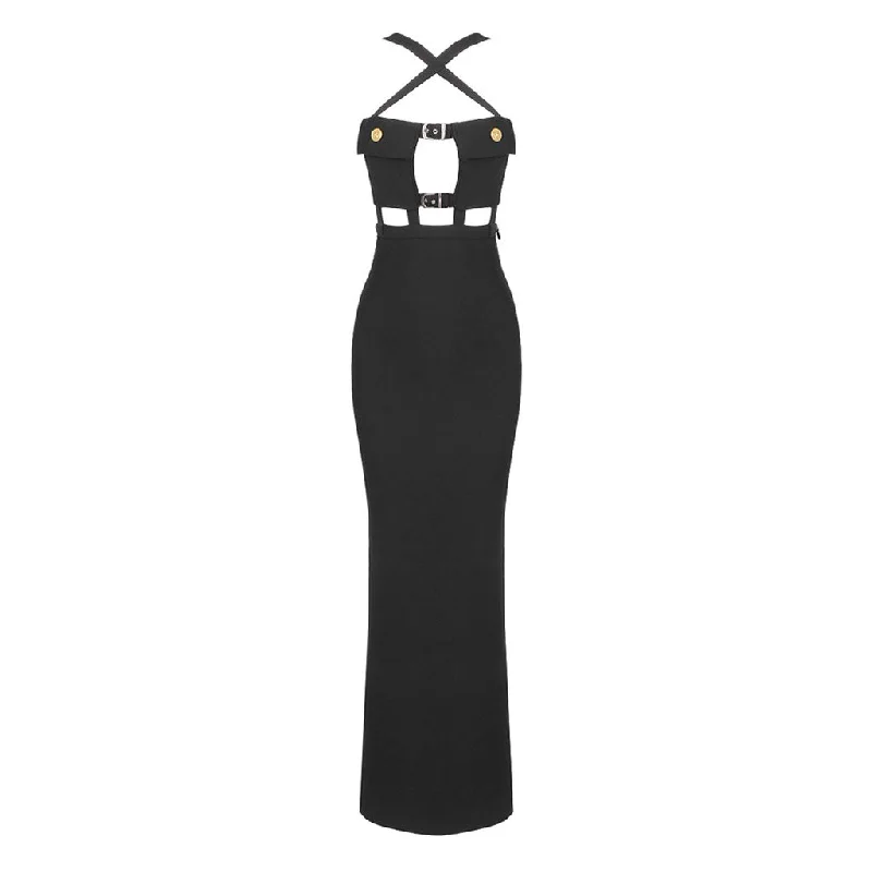 Sexy Crossover Front Chest Pocket Cutout Buckled Strap Split Maxi Evening Dress