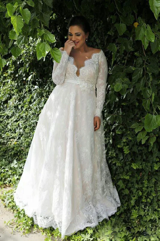 Classic Satin Dress Sexy Sheer V Neck Long Sleeves Lace Floor Length Garden Plus Size Wedding Dress-715403 Classic Satin Dress Sexy Sheer V Neck Long Sleeves Lace Floor Length Garden Plus Size Wedding Dress-715403