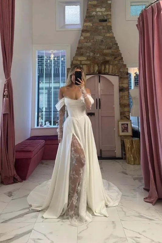 Unique Silhouette Gown Sexy Slit Off Shoulder Lace Long Sleeves Wedding Dress      fg6611