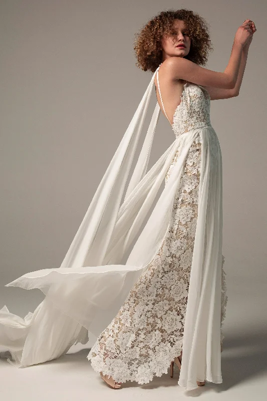 Sheath Sweep-Brush Train Chiffon Lace Wedding Dress CW2226