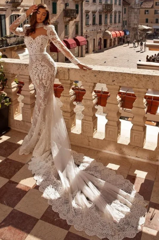 Minimalist Gown Sheath High Neck Long Sleeves Mermaid Wedding Dress with Train