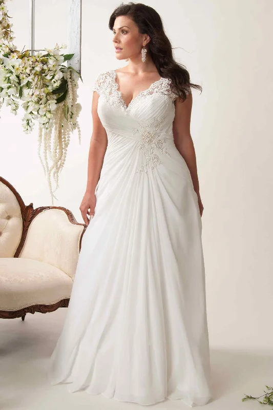 Sheath V-Neck Appliqued Cap-Sleeve Chiffon Plus Size Wedding Dress With Ruching And Keyhole-MK_703640