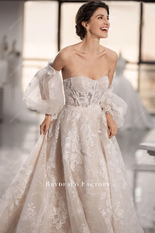 Gold Embroidered Dress Shimmery Lace Bubble Sleeve Sweetheart Neck Wedding Dress