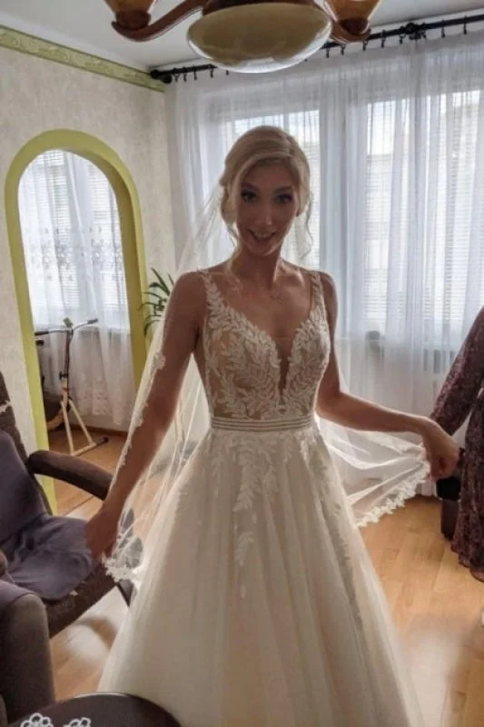 Floor-Length Dress Simple A-line Backless Lace Wedding Dresses Bridal Dress