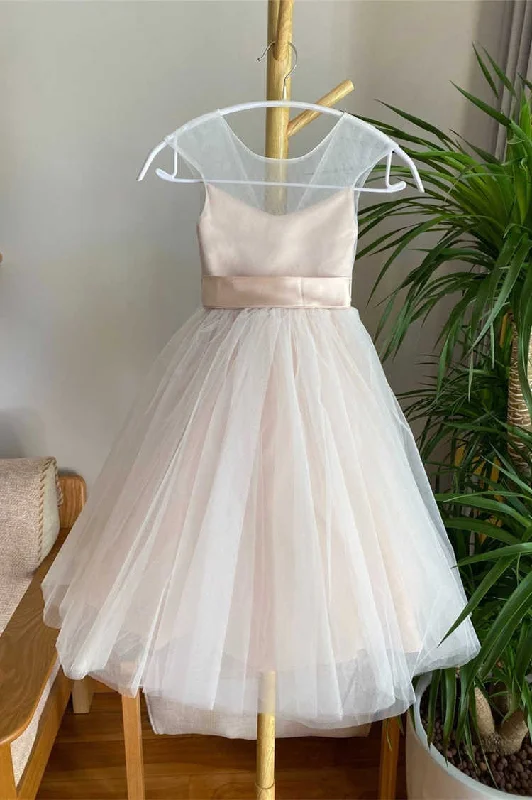 Handmade Dress Simple Champagne Long Flower Girl Dress with Belt
