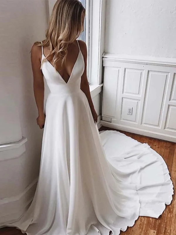 Feathered Gown Simple Spaghetti-Strap V-Neck Sweep Train Ruffles Wedding Dresses