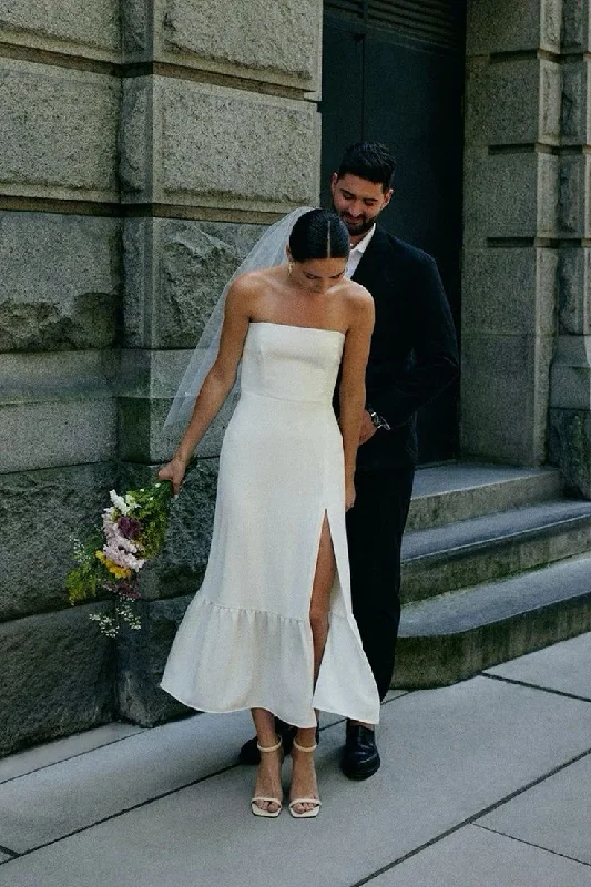 High Neck Dress Simple Strapless Sleeveless Satin Sheath Midi Wedding Dress With Slit fg6333 High Neck Dress Simple Strapless Sleeveless Satin Sheath Midi Wedding Dress With Slit fg6333