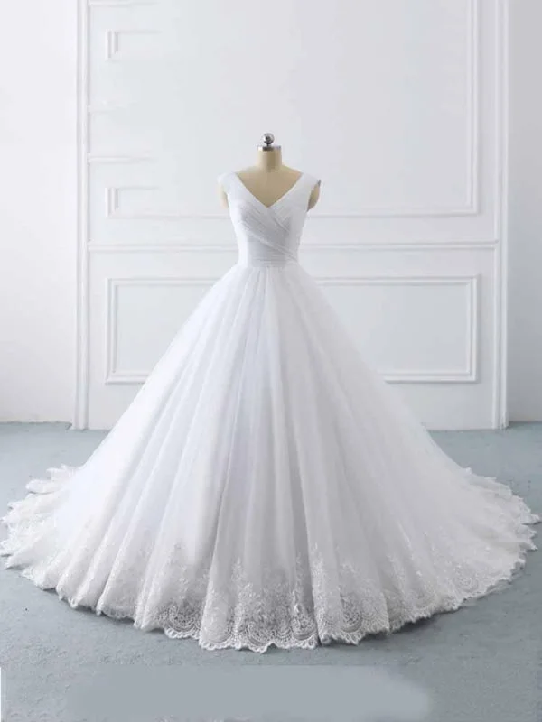 Wedding Gown Simple V-Neck Lace-Up Ruffles Ball Gown Wedding Dresses