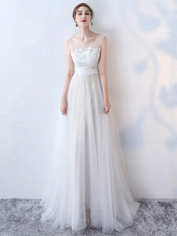 Simple Wedding Dress 2021 A Line Jewel Neck Sleeveless Bows Lace Tulle Bridal Dresses