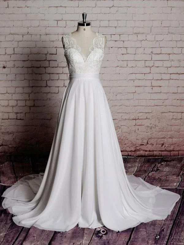 Pearl Embellished Dress Simple Wedding Dress A Line Lace V Neck Sleeveless Bows Bridal Dresses With Chapel Train Pearl Embellished Dress Simple Wedding Dress A Line Lace V Neck Sleeveless Bows Bridal Dresses With Chapel Train